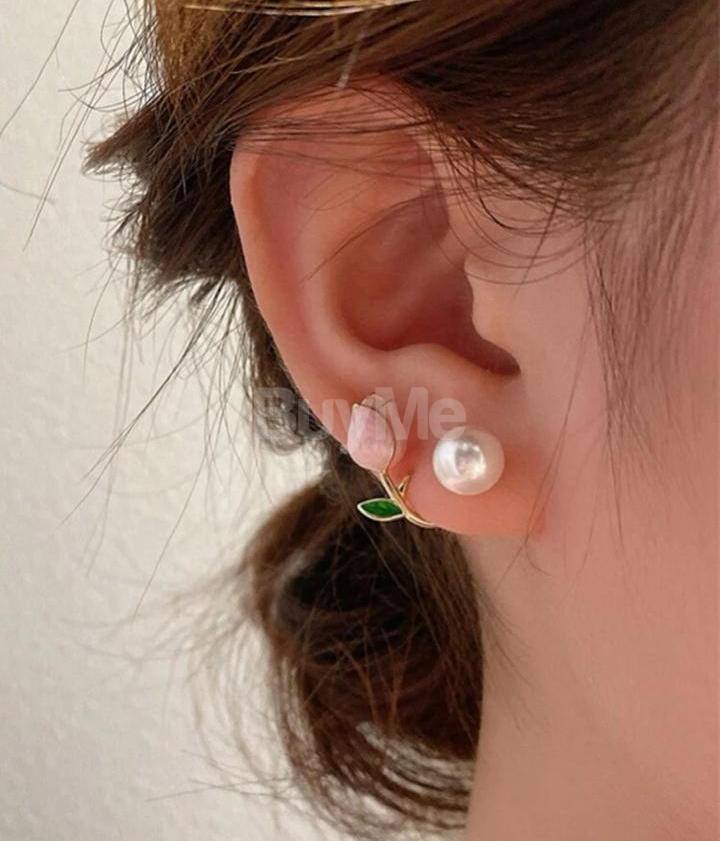 1PAIR TULIP SHAPED FAUX PEARL SMALL STUD EARRINGS FOR WOMEN