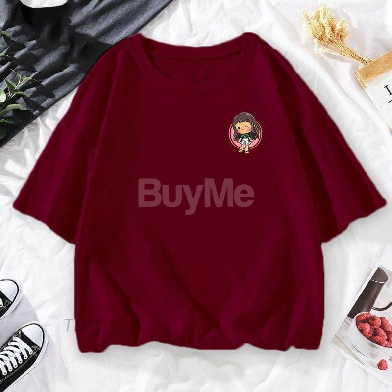 CARTOON GIRL PRINTED BAGGY TSHIRT - MAROON
