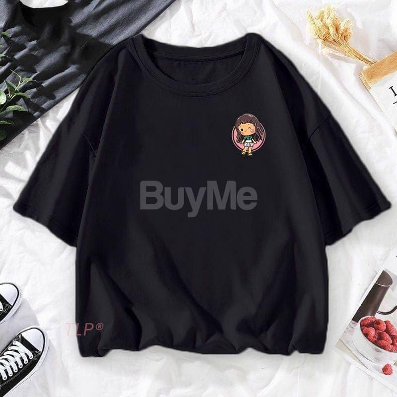 CARTOON GIRL PRINTED BAGGY TSHIRT - BLACK
