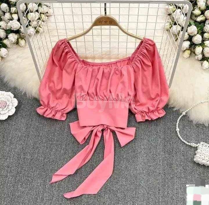 PINK PUFFY SLEEVE RIBBON TIE BACK TOP