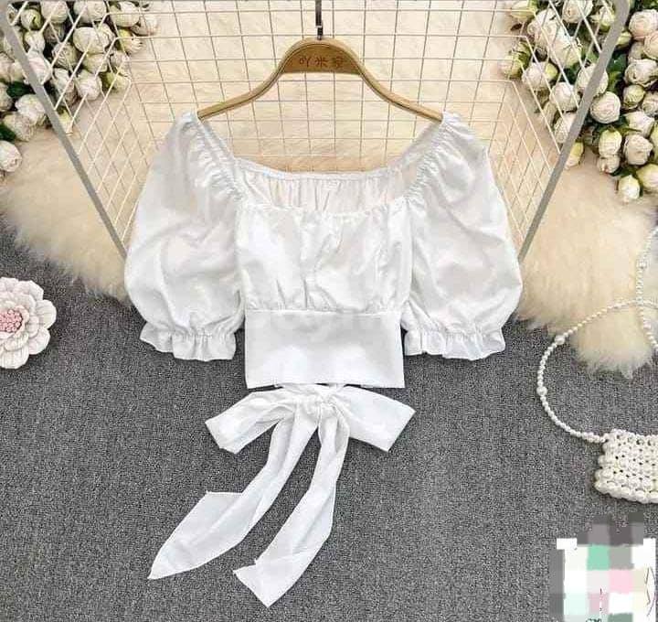 WHITE PUFFY SLEEVE RIBBON TIE BACK TOP