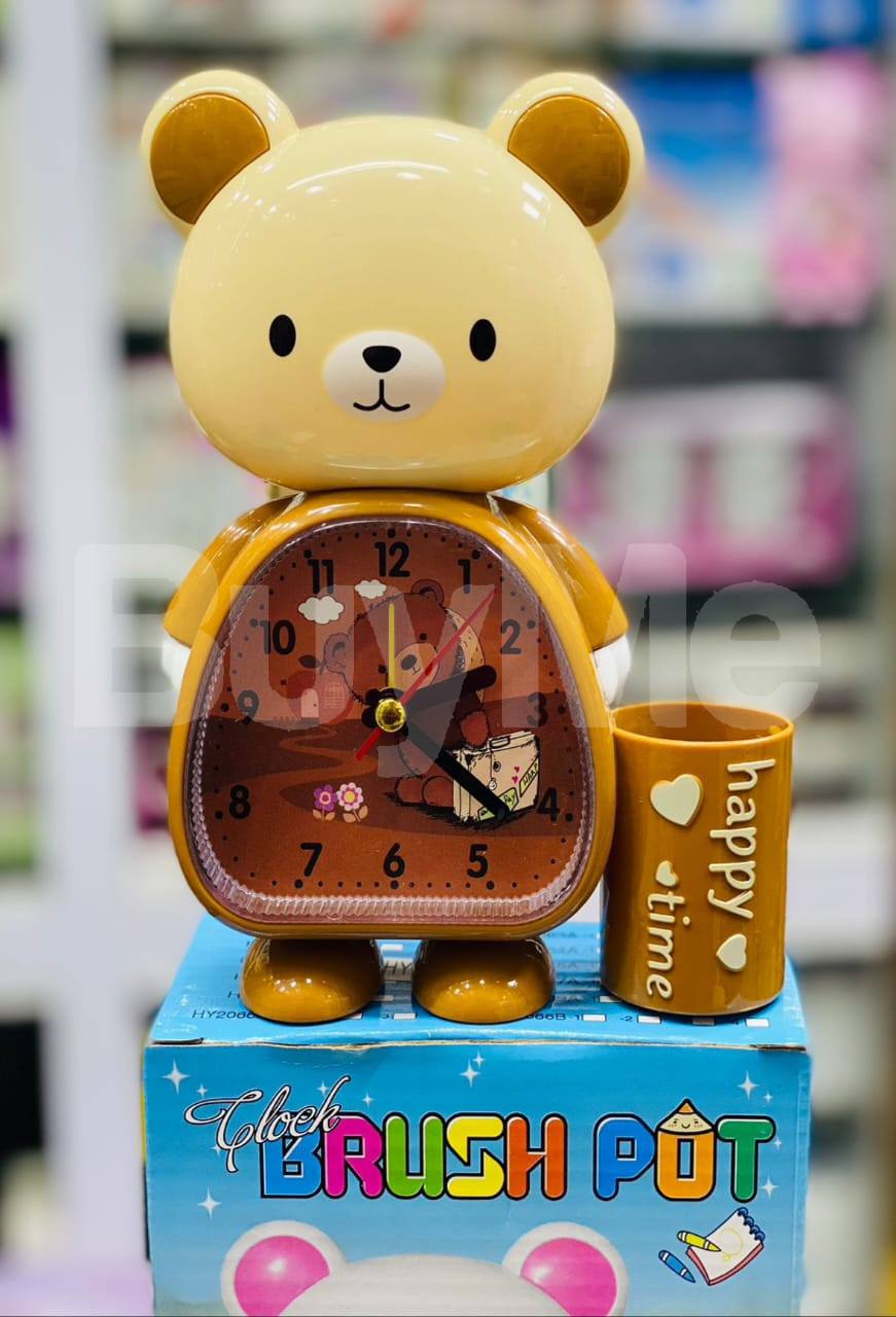 KIDS TABLE ALARM CLOCK WITH BRUSH POT - BROWN
