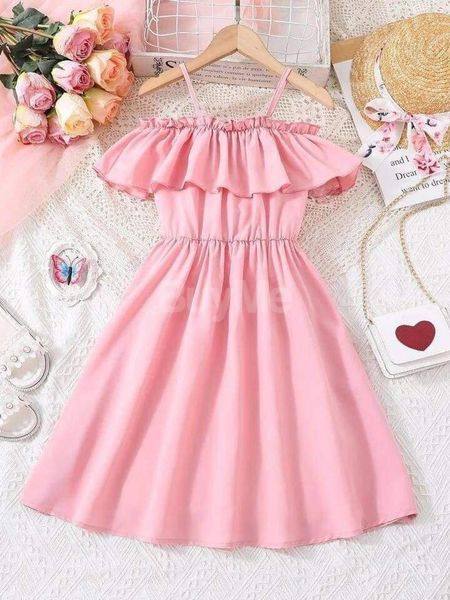 GIRLS OFF SHOULDER RUFFLE TRIM DRESS - LIGHT PINK