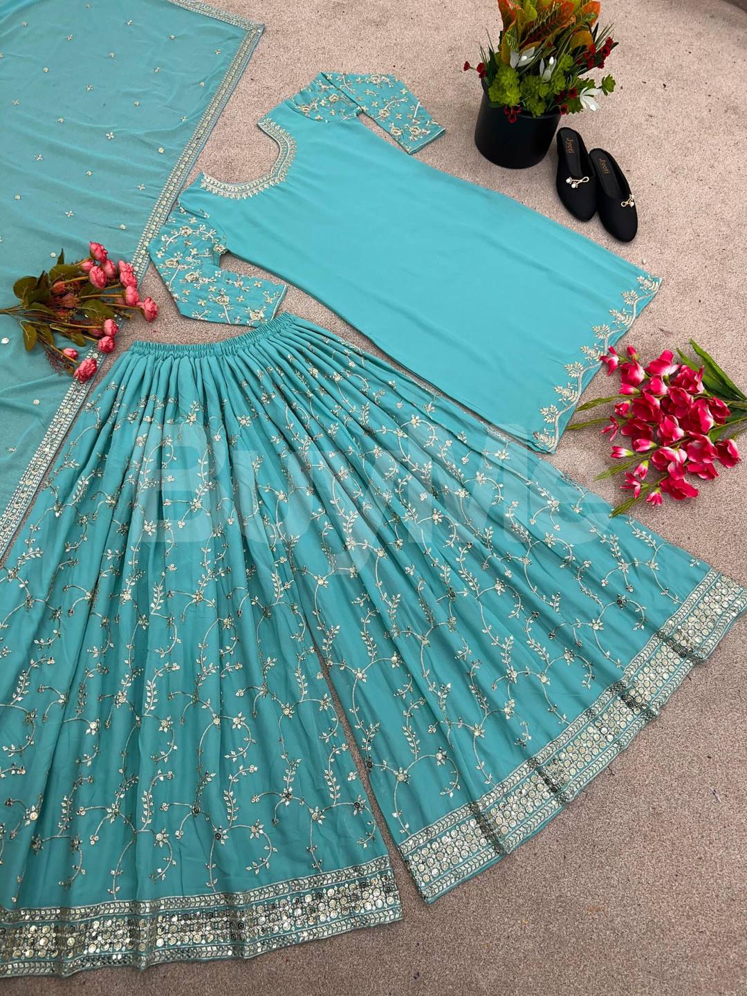 PARTY WEAR LOOK TOP-PLAZZO AND DUPATTA WITH HEAVY EMBROIDERY WORK