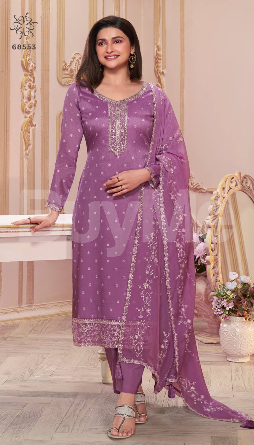 HEAVY SILK PRINT WITH SEQUENCE EMBROIDERY STITCH WORK DRESS- PURPLE