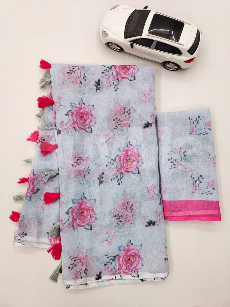 LINEN SAREE WITH DIGITAL PRINT - PINK ROSE FLOWER PRINTED