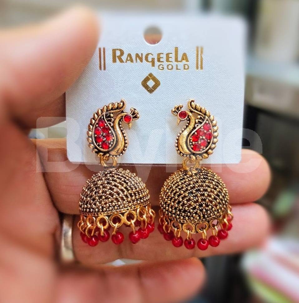 PEACOCK DESIGN JUMKI EARRINGS - RED