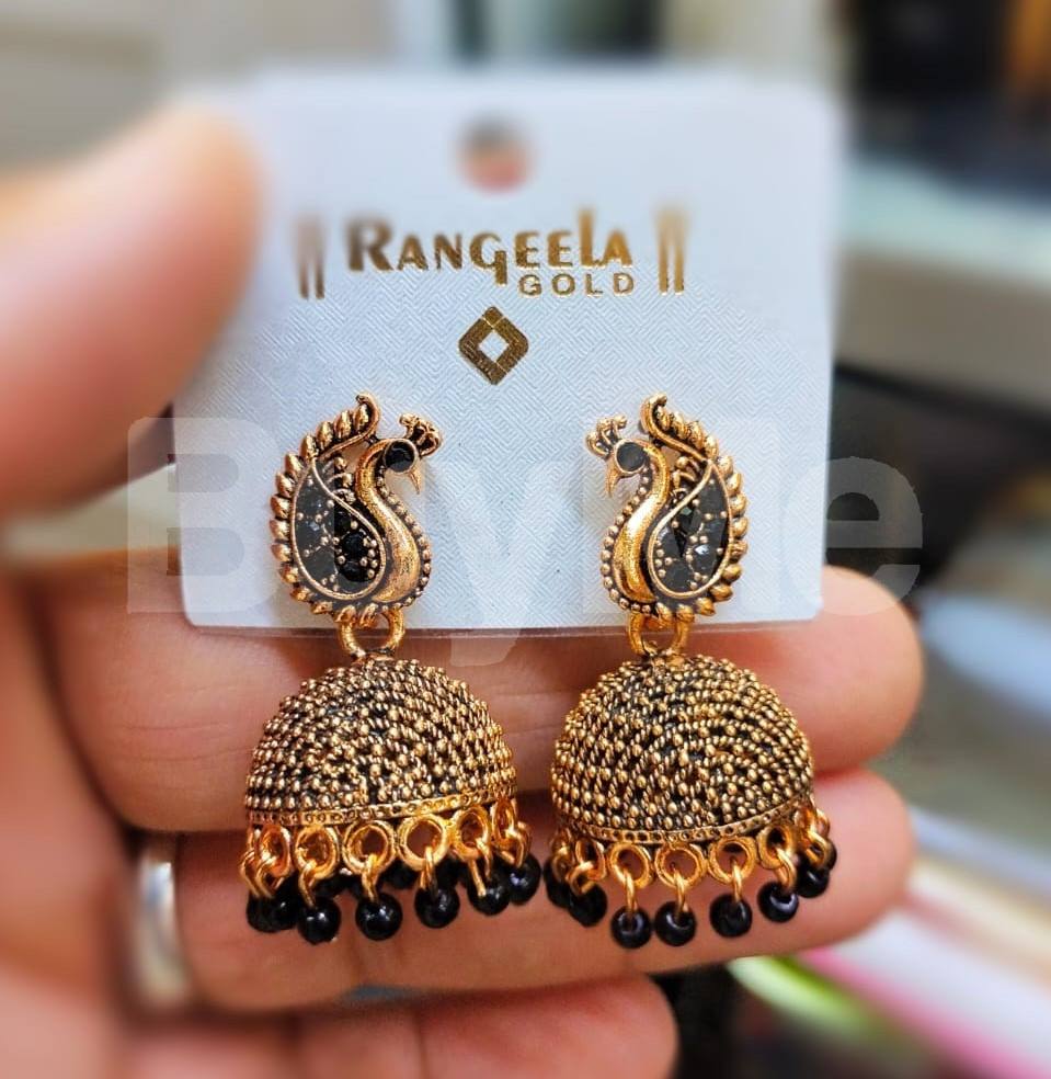 PEACOCK DESIGN JUMKI EARRINGS - BLACK