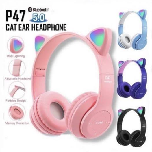 P47M CAT EAR HEADPHONE CUTE LED LIGHT BLUETOOTH CAT HEADPHONES EXTRA BASS WIRELESS HEADSET