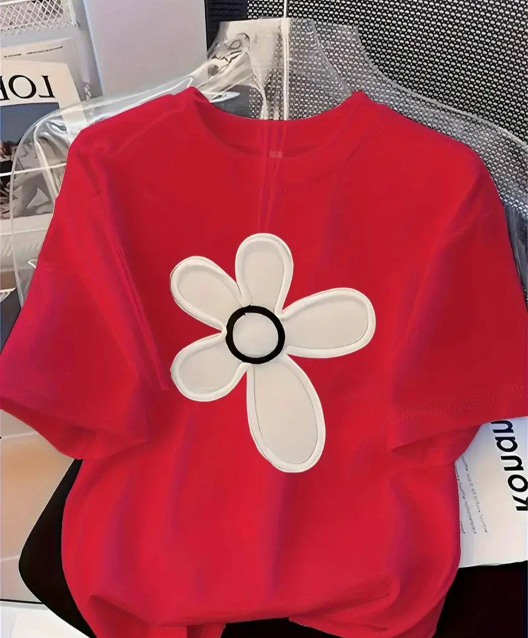 RED DESIGN WITH WHITE FLOWER LADIES T SHIRT