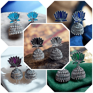 HANDCRAFTED LOTUS MOTIF OXIDIZED JHUMKA EARRINGS