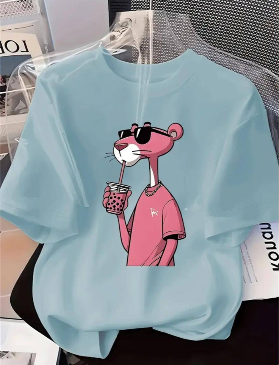 LIGHT BLUE TEE WITH PINK PANTHER PRINT
