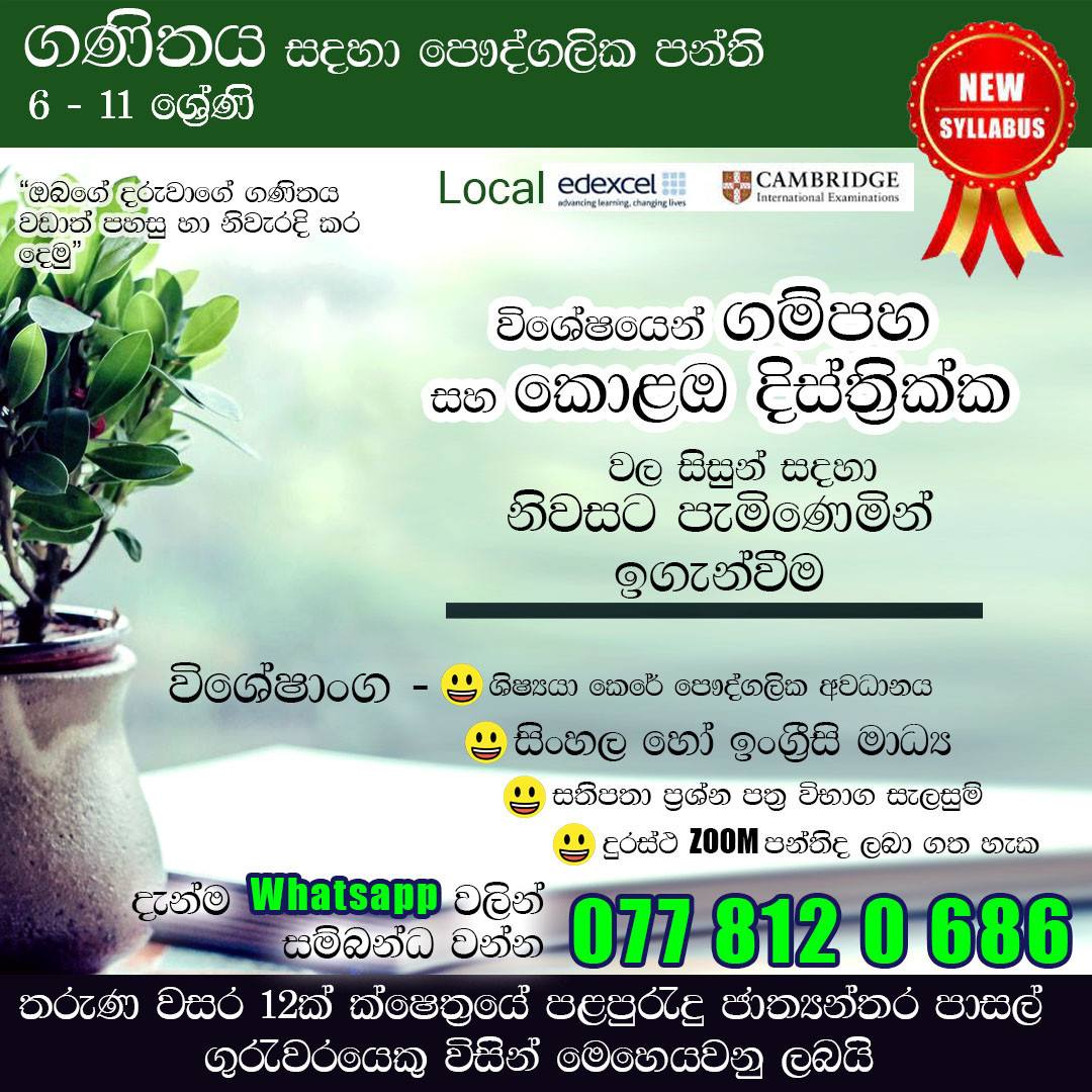 INDIVIDUAL CLASS ගණිතය﻿ MATHEMATICS – GRADE 6–11 ගම්පහ﻿ & කොළඹ﻿ SINHALA / ENGLISH