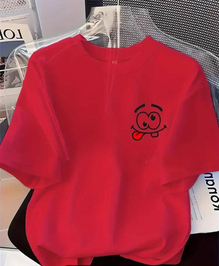 RED TEE WITH A FUNNY FACE PRINT