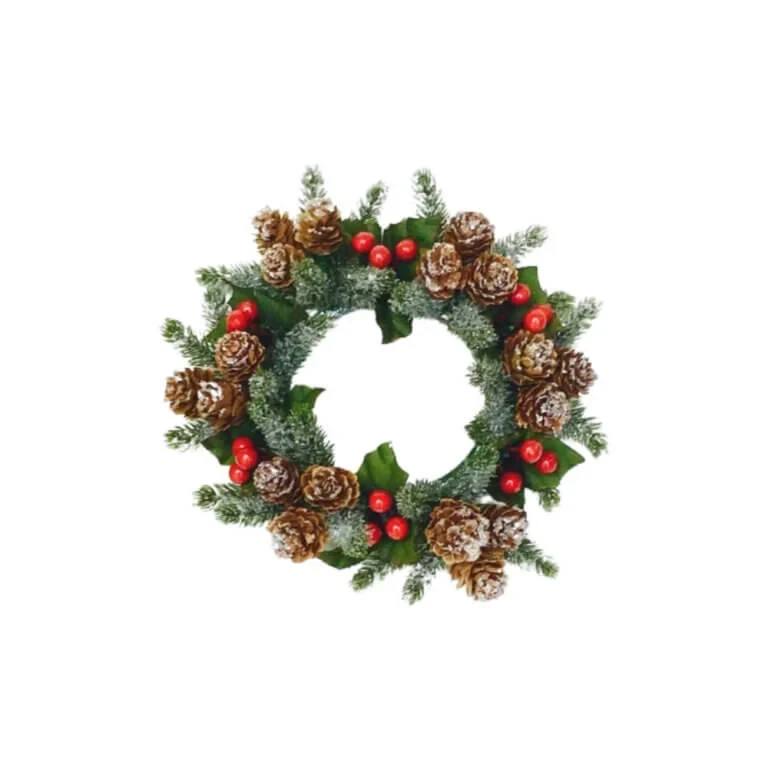 CHRISTMAS ARTIFICIAL HOLLY CANDLE DECOR RING WITH BERRIES