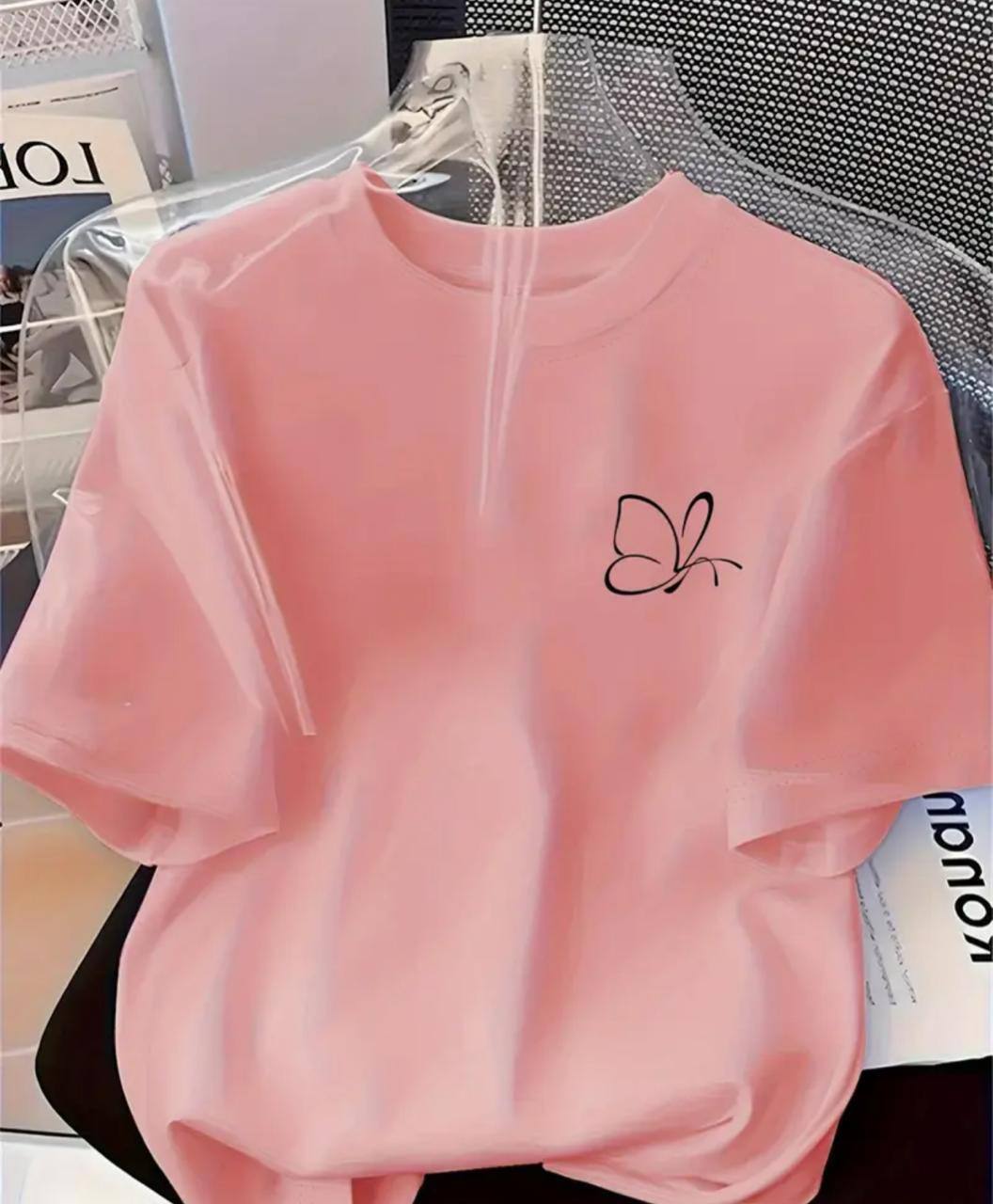 SIMPLE LINE ART BUTTERFLY TEE – SALMON PINK