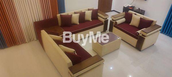 BOX TYPE SOFA SET -CREAM COLOR FABRIC & WOOD MIX